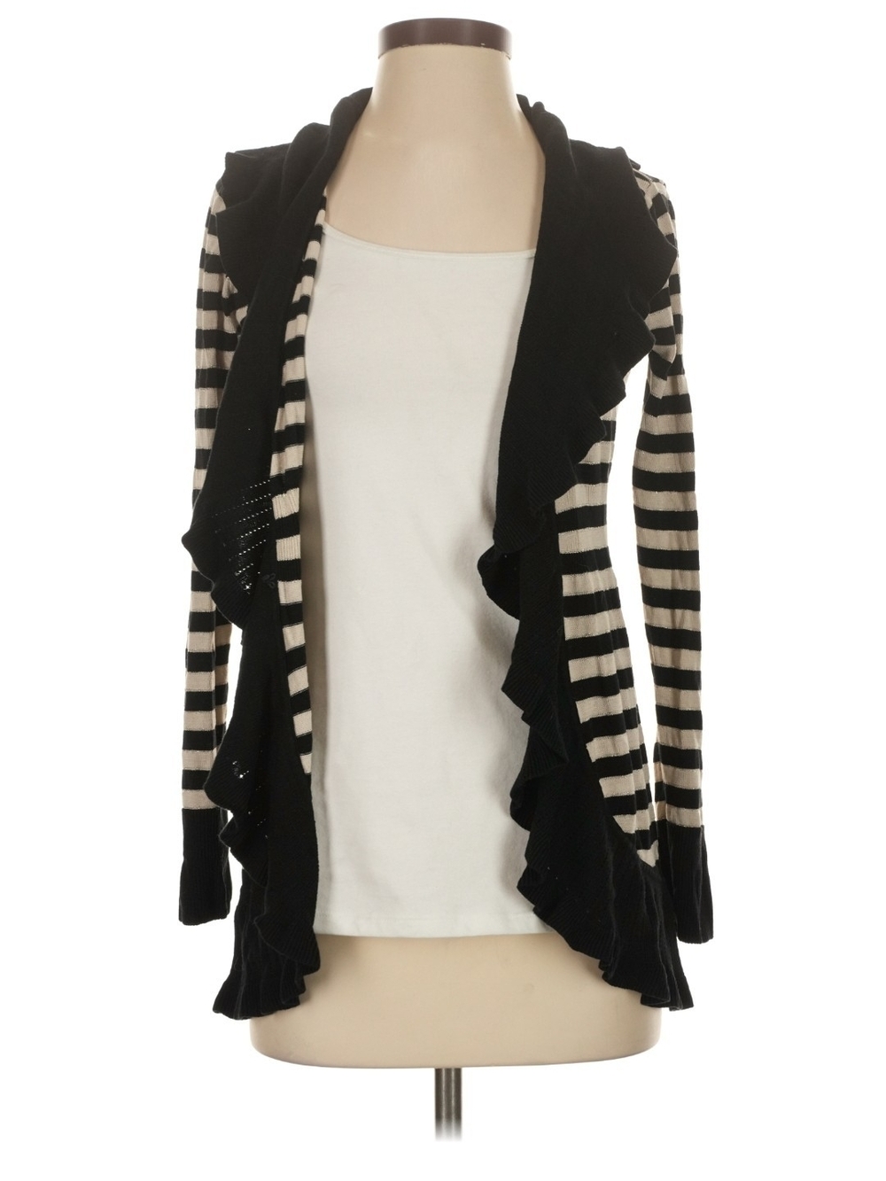 White House Black Market Black and Cream Striped Ruffle-Front Cardigan